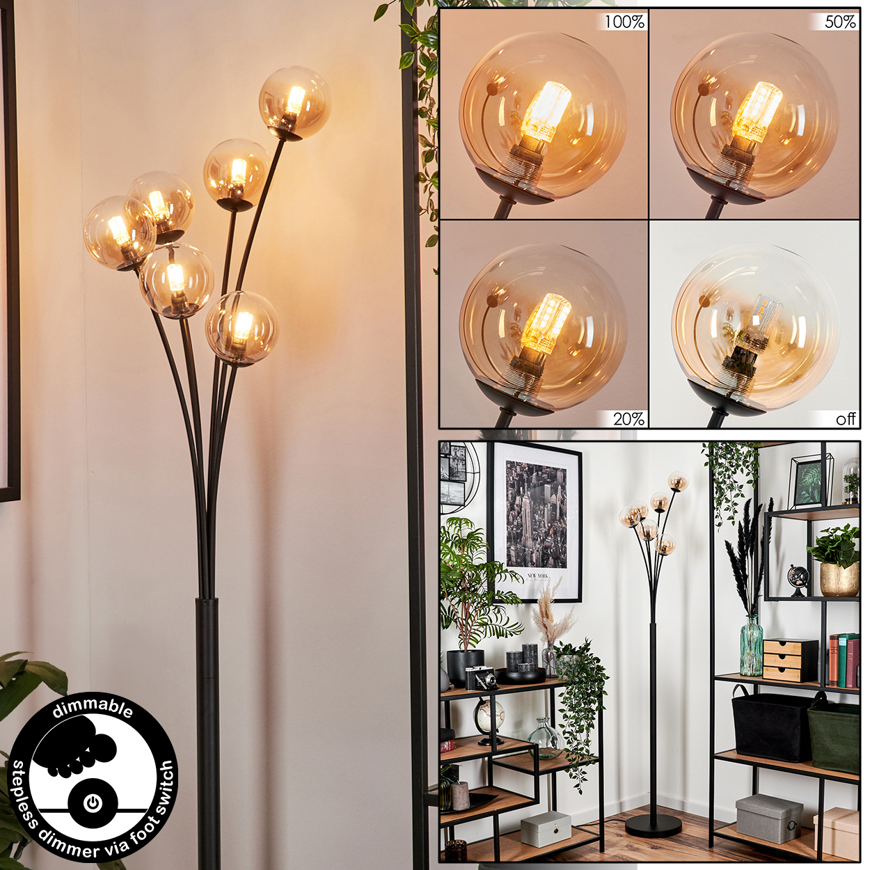 Stehlampe mit goldenen Kugelleuchten, dimmbar per Fußschalter, dargestellt bei 100 %, 50 %, 20 % und aus.