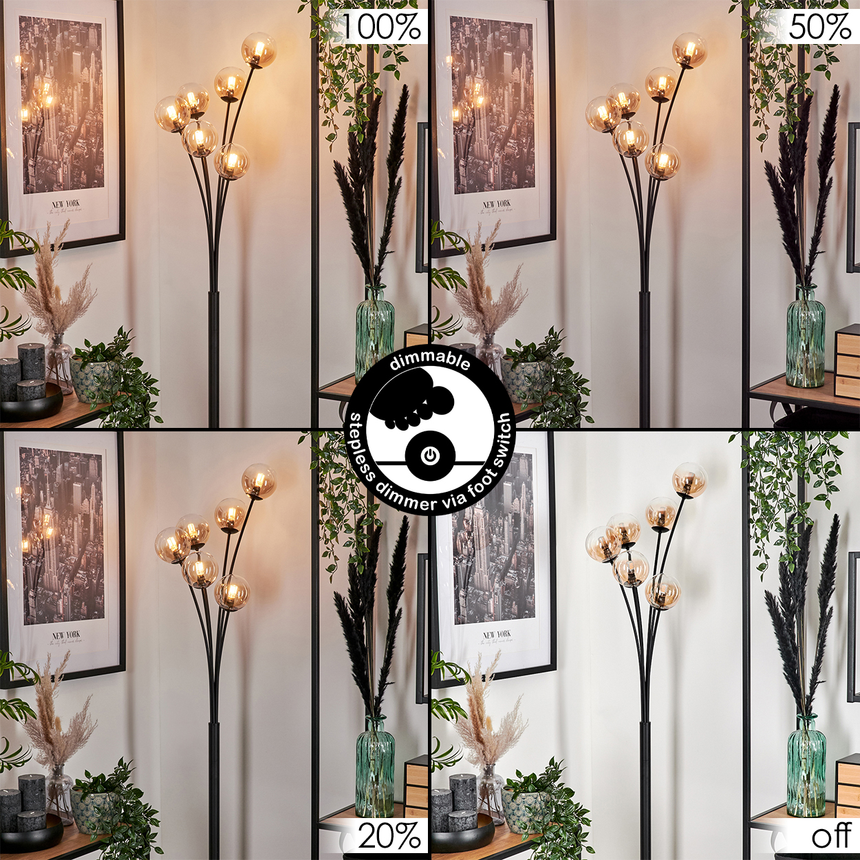 Szene mit Stehlampe, dimmbar, mit New York Bild, Dekoration. Verschiedene Lichtstärken gezeigt.
