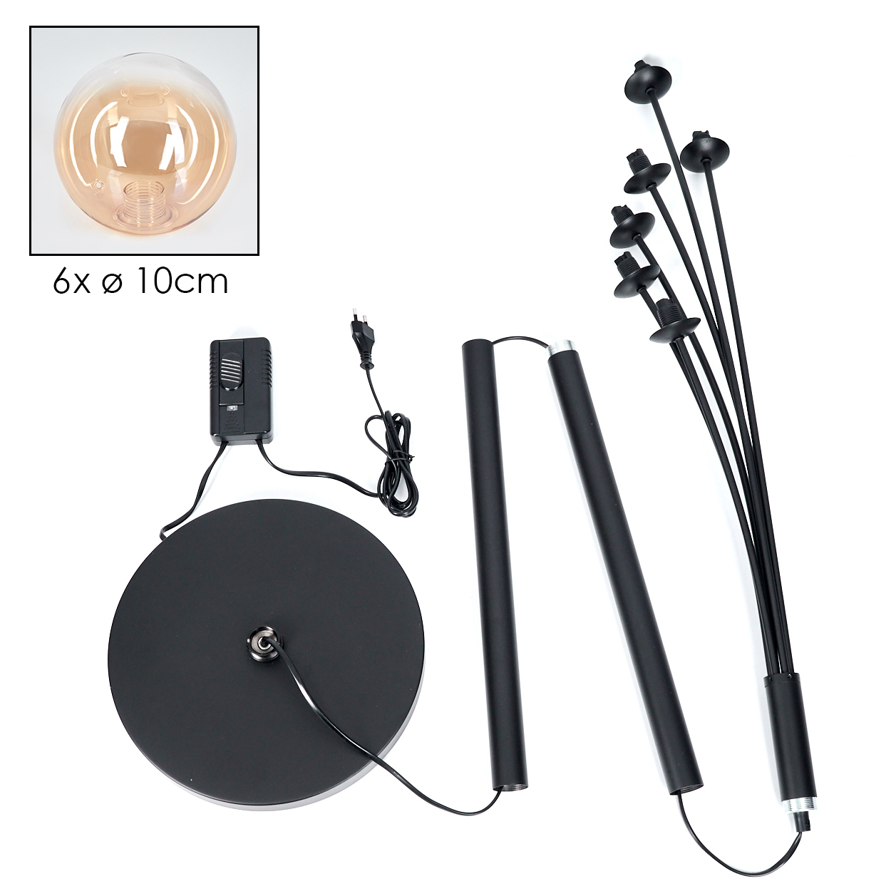 Zerlegte Stehlampe mit schwarzem Sockel, zwei Stangen, Netzkabel und einer Glühbirnen-Skizze.