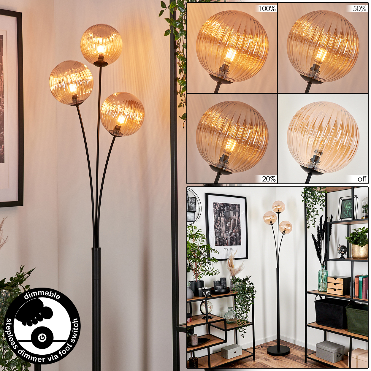 Eine Stehlampe mit drei orangefarbenen Kugeln. Dimmoptionen werden angezeigt, mit Fußschalter zur Steuerung.