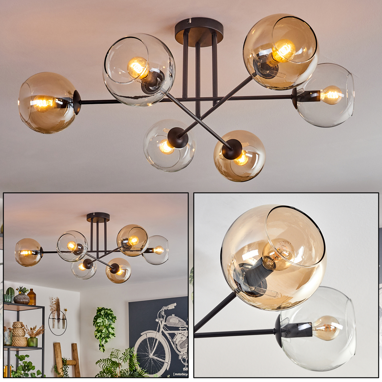 Eine Deckenlampe mit sechs orangefarbenen Glaskugeln. Die Kugeln sind durch schwarze Metallstäbe verbunden.
