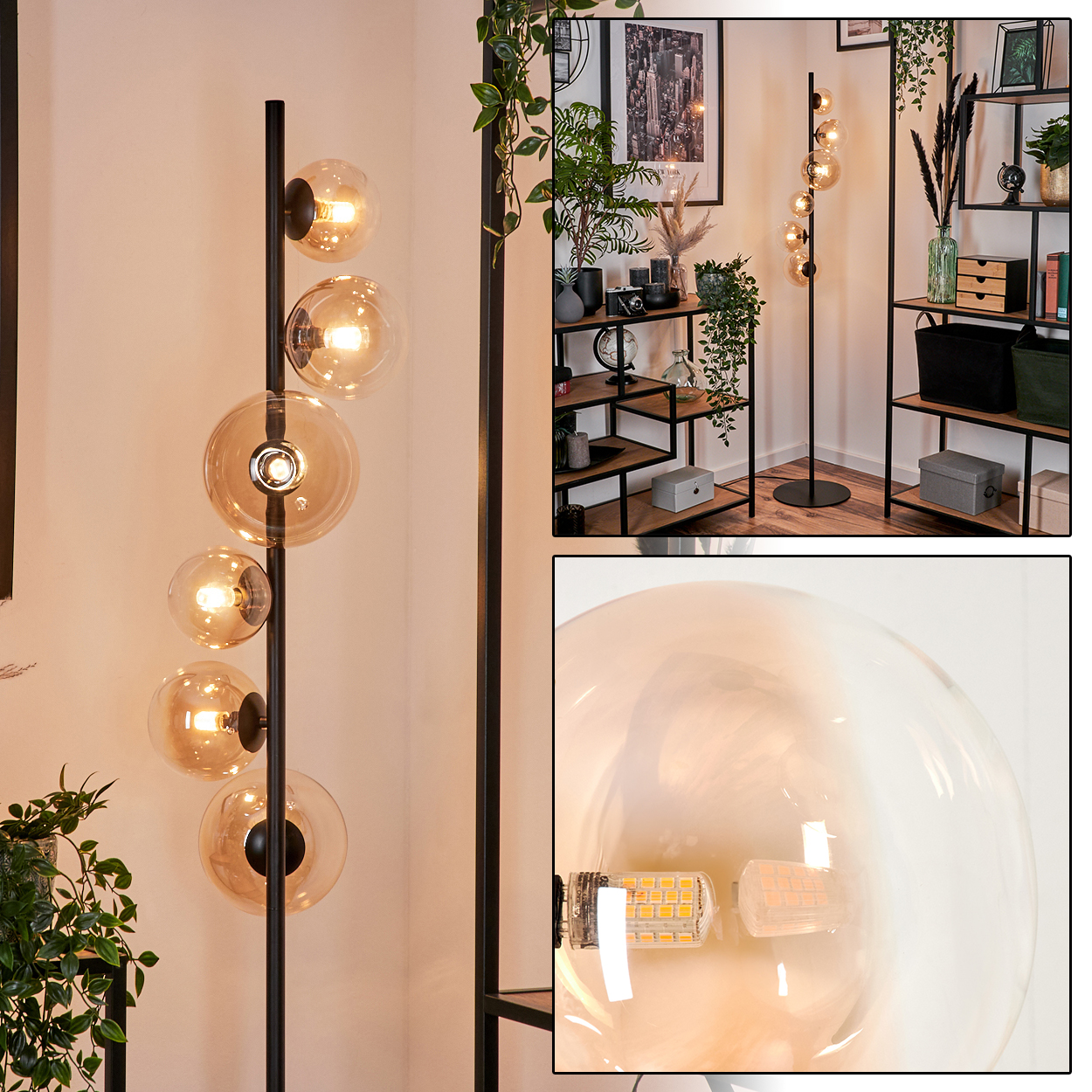 Eine schwarze Stehlampe mit mehreren bernsteinfarbenen Glaskugelschirmen, vor einer weißen Wand.