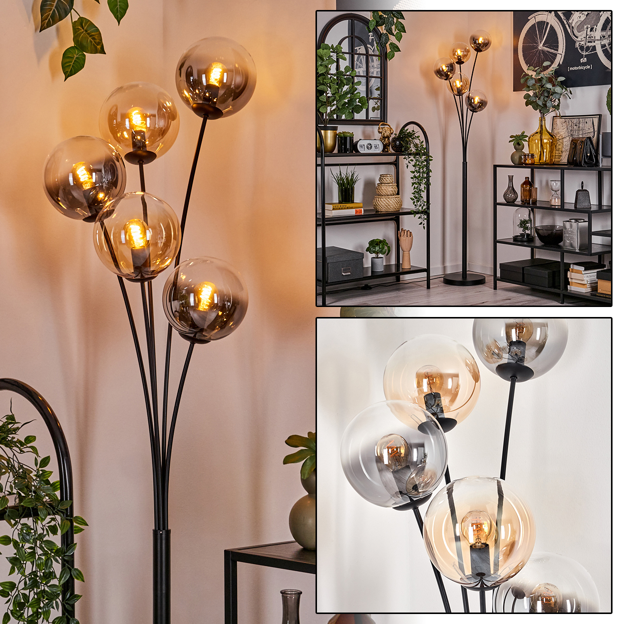Stehlampe mit bernsteinfarbenen Kugeln. Der Raum hat Regale und Dekoration.