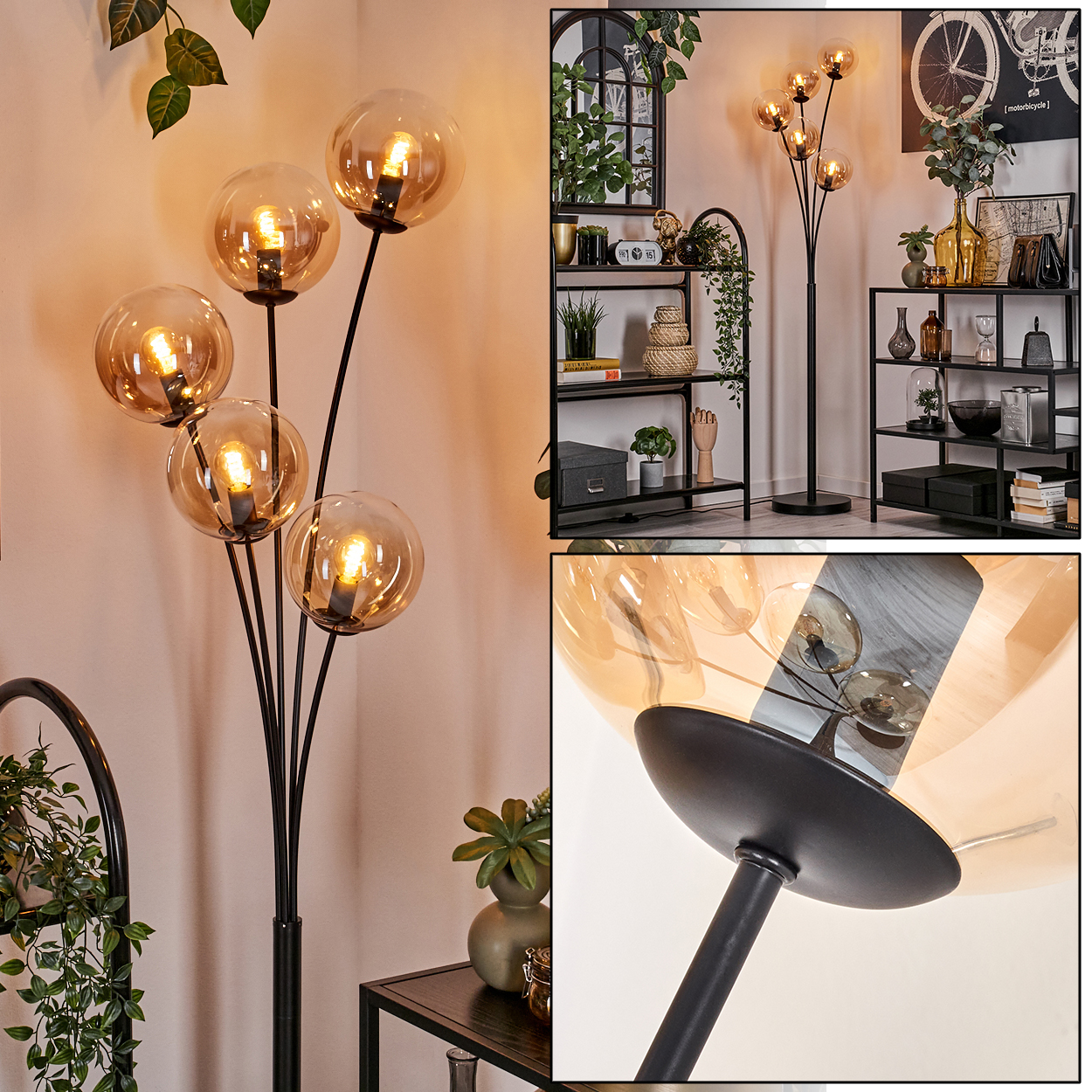 Mehrere Ansichten einer schwarzen Stehlampe mit bernsteinfarbenen Glaskugellampen. Inneneinrichtung.
