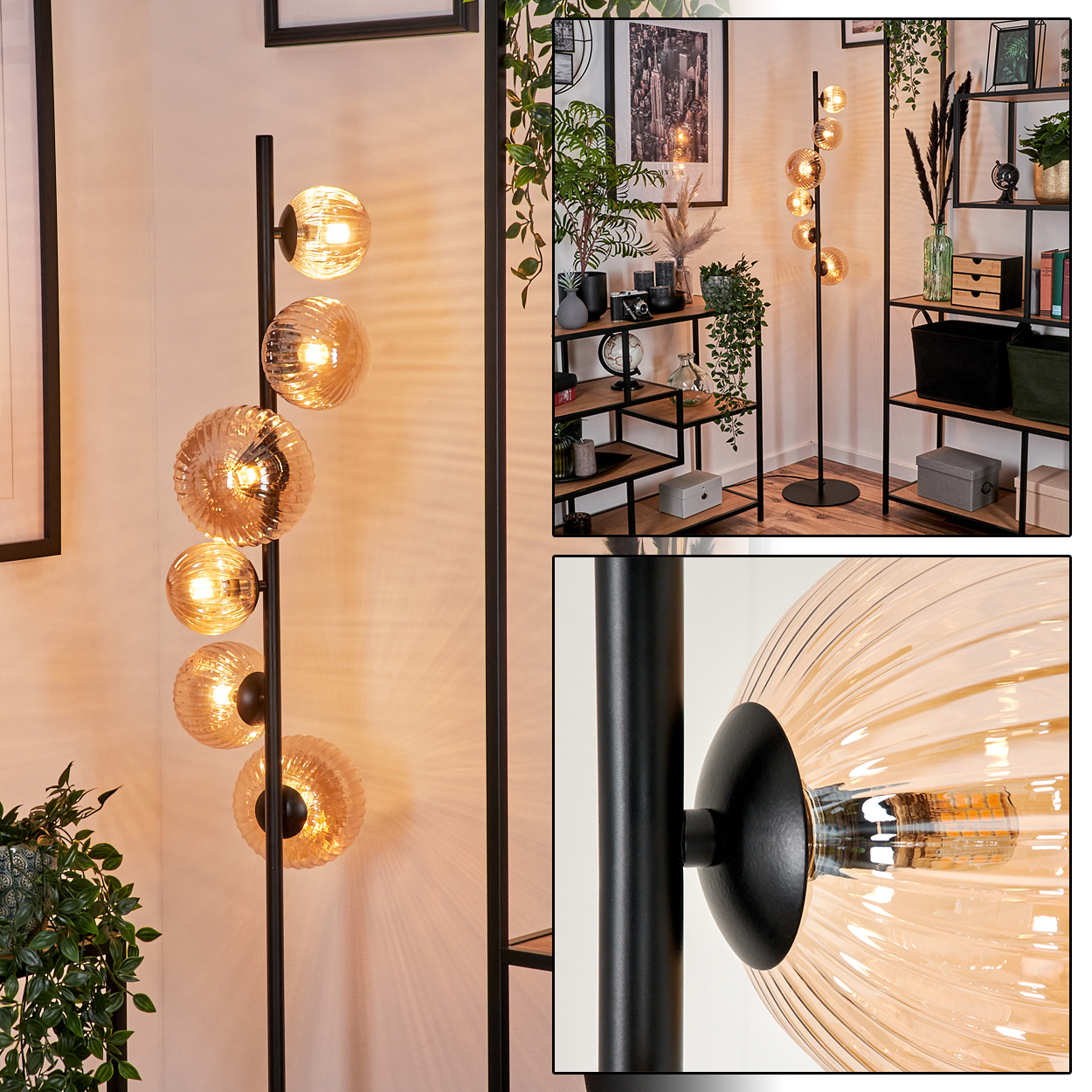Schwarze Stehlampe mit bernsteinfarbenen, geriffelten Glaskugeln, vor weißer Wand, Inneneinrichtung.
