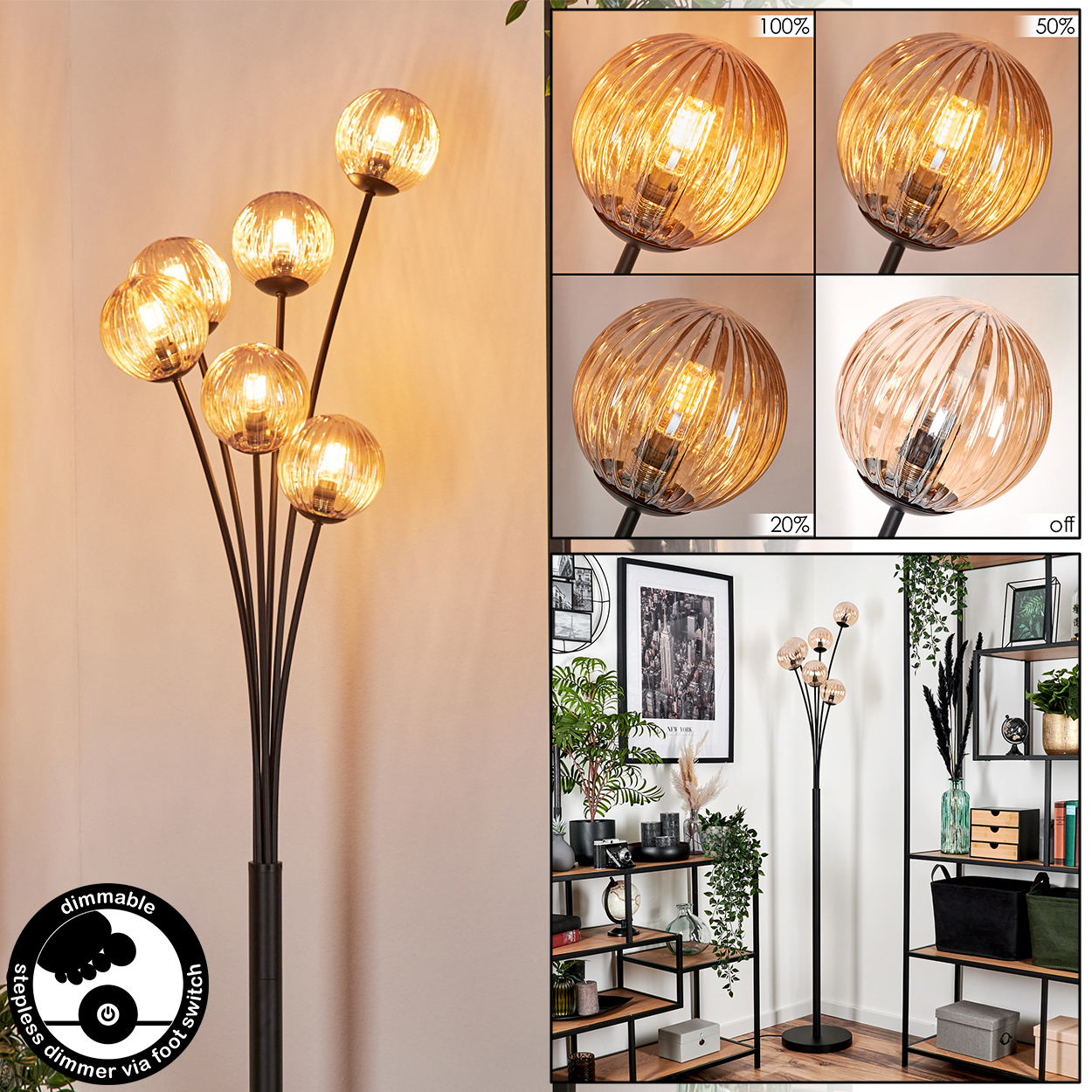 Lampe mit mehreren Glaskugeln. Sie zeigt die Lichtintensitätsstufen 100 %, 50 %, 20 % und aus. Dimmer über Fußschalter.