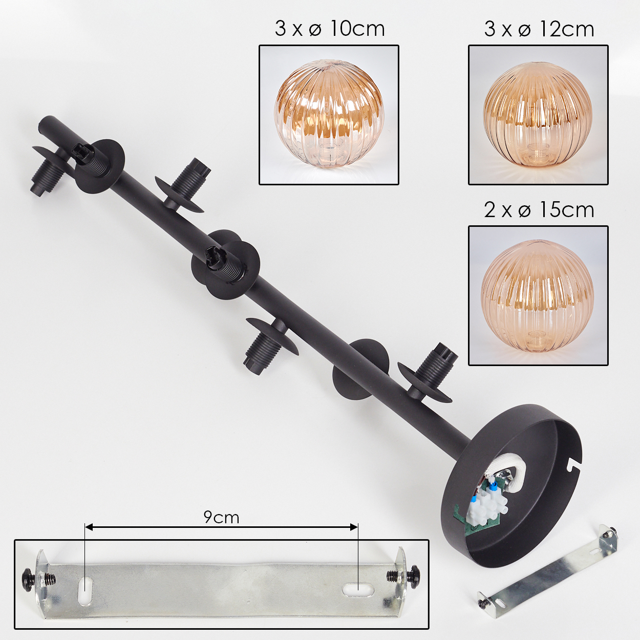 Komponenten einer Deckenlampe mit bernsteinfarbenen Glaskugeln. Abmessungen und Komponenten werden angezeigt.