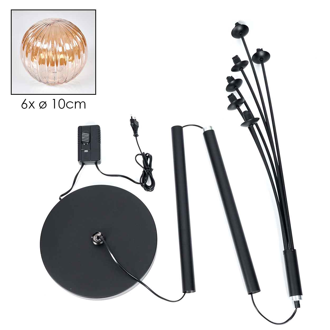 Komponenten einer Stehlampe: Sockel, Stangen und Leuchtenkopf. Außerdem eine Nahaufnahme eines Globus.