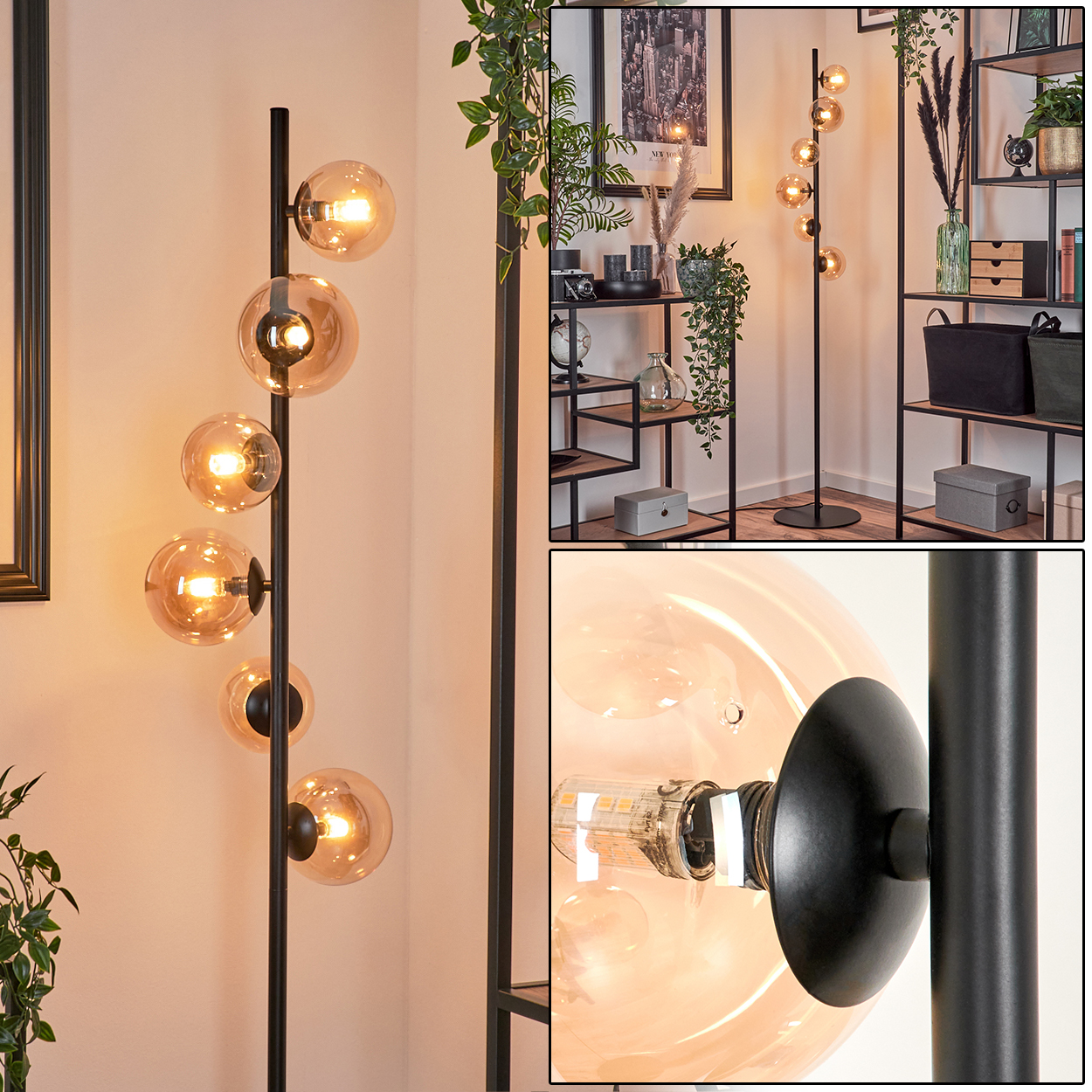Nahaufnahme einer schwarzen Stehlampe mit bernsteinfarbenen Kugeln, die das Leuchtmittel zeigt. Innenraum mit Regalen und einer weiteren Lampe.