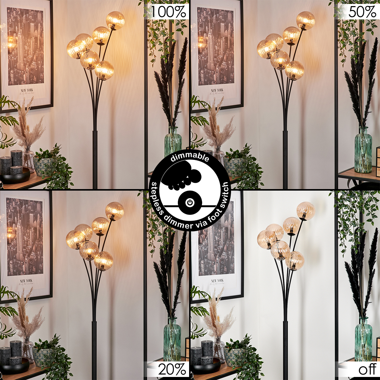 Mehrere Bilder zeigen eine Stehlampe mit Dimmoptionen, bernsteinfarbenen Kugeln und schwarzem Stiel.