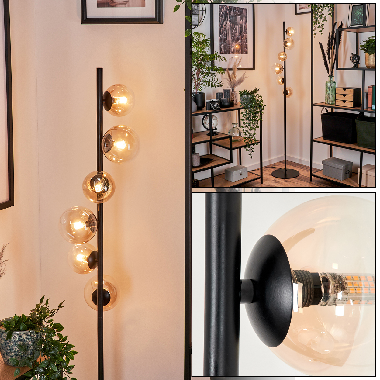 Eine Zimmerecke mit einer Stehlampe mit bernsteinfarbenen Glaskugeln und dekorativen Elementen auf Regalen und Wänden.