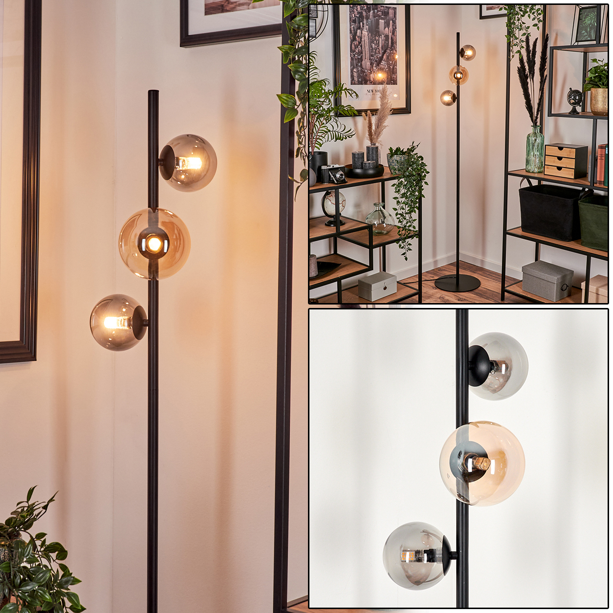 Eine Zimmerecke mit einer Stehlampe mit bernsteinfarbenen Glaskugeln, mit Elementen der Innenarchitektur im Hintergrund.