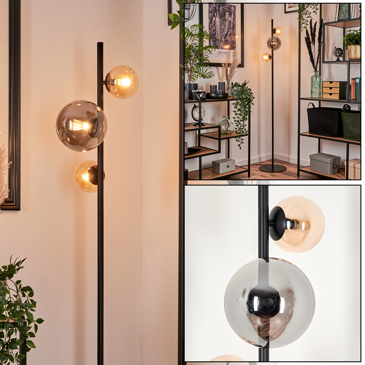 Stehlampe mit bernsteinfarbenen und grauen Kugeln an schwarzem Stiel. Innenraum mit Regalen und Deko.