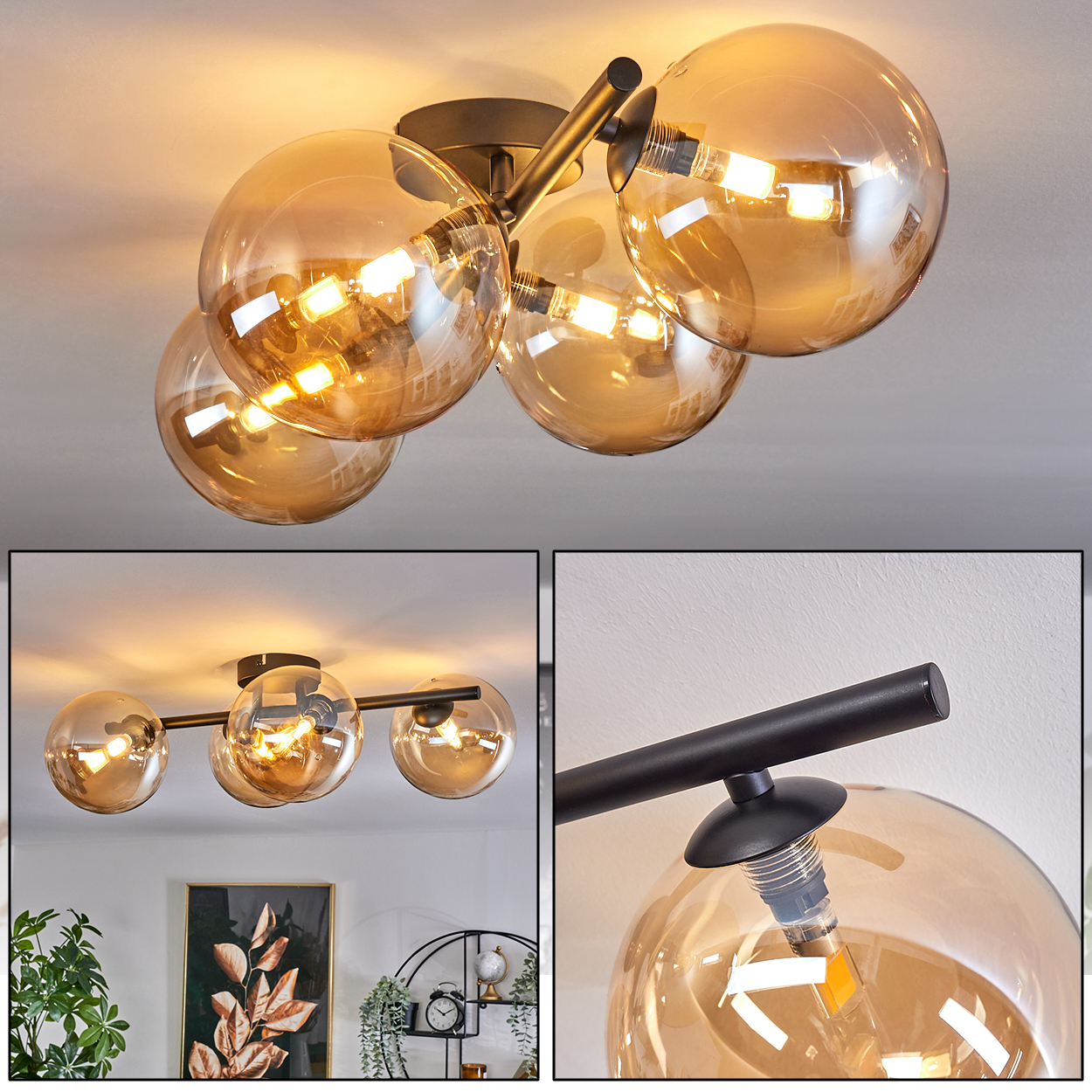 Mehrere Ansichten einer Deckenlampe mit goldenen, kugelförmigen Lichtern und einem schwarzen Arm. Das Licht ist an.