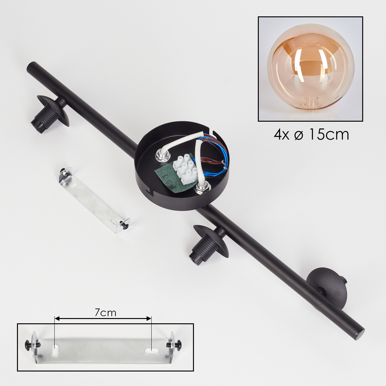Komponenten einer Deckenlampe, einschließlich Sockel, schwarzem Arm und Befestigungsmaterial.