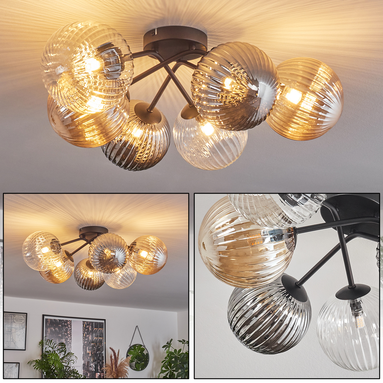 Eine Deckenlampe mit mehreren Glaskugeln mit Wirbeldesign. Die Lampe hat einen dunklen Metallsockel.