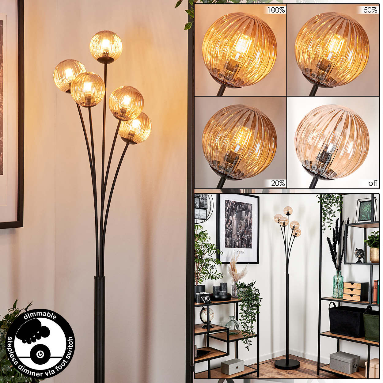 Eine Stehlampe mit mehreren bernsteinfarbenen Glaskugeln. Die Bilder zeigen dimmbare Einstellungen.