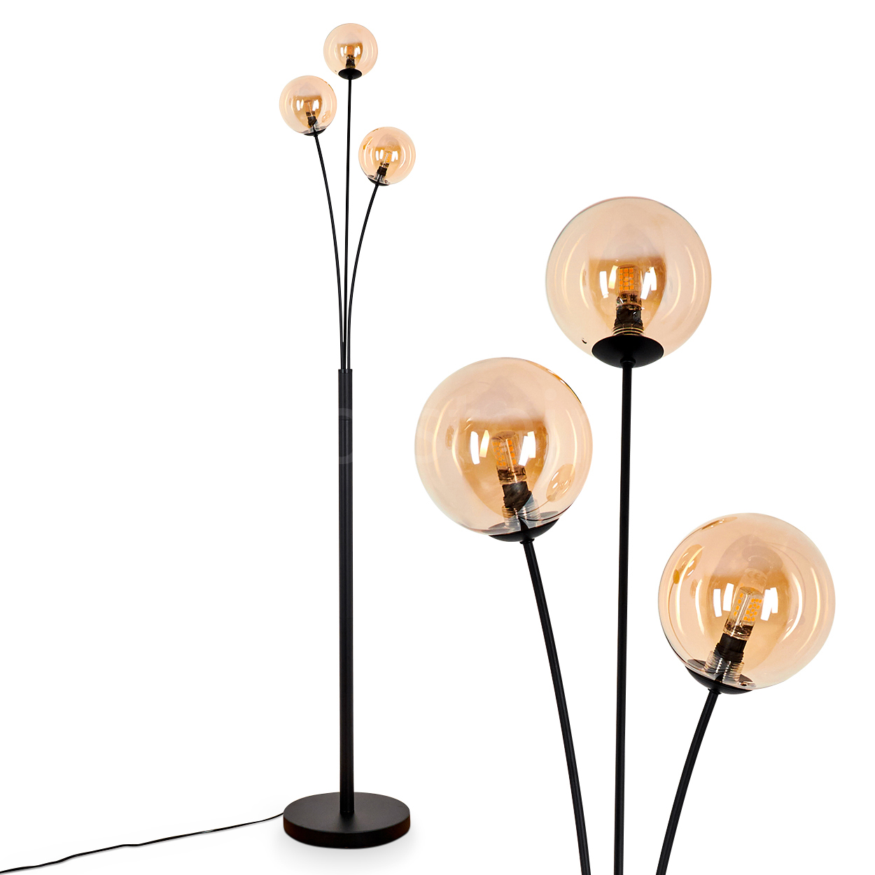 Schwarze Stehlampe mit fünf bernsteinfarbenen Glaskugeln. Drei Nahaufnahmen von Kugeln werden gezeigt. Weißer Hintergrund.