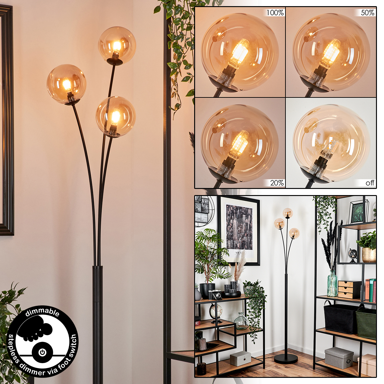 Stehlampe mit drei bernsteinfarbenen Glaskugeln. Raumeinstellung mit Regalen, Pflanzen und Details des Dimmschalters.