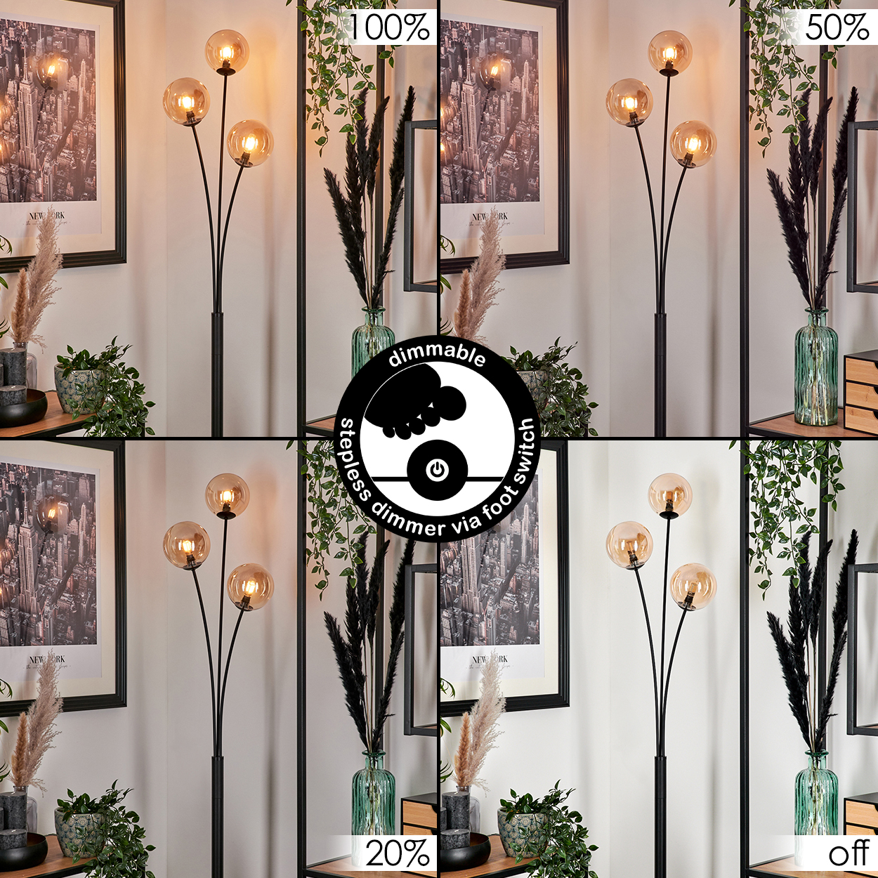 Mehrere Bilder zeigen eine schwarze Stehlampe mit drei bernsteinfarbenen Glaskugeln, mit unterschiedlicher Lichtintensität.