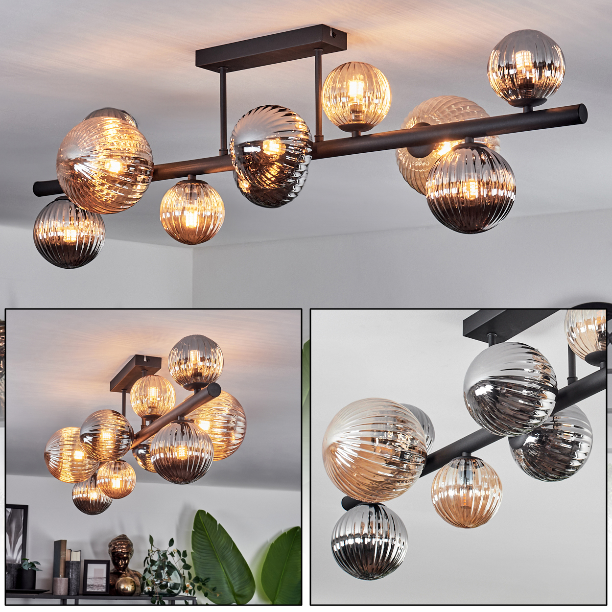 Schwarze Deckenlampe mit Glaskugeln, bernsteinfarben und verspiegelt, mit Glühbirnen.