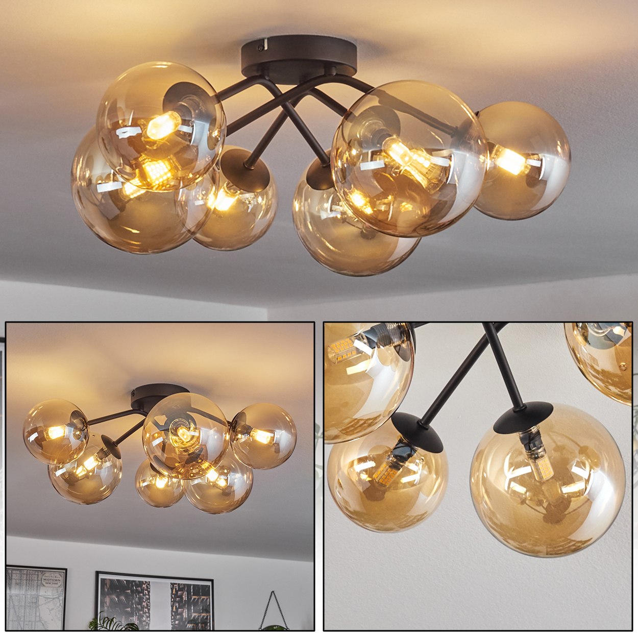 Deckenlampe mit bernsteinfarbenen Glaskugeln. Schwarze Arme gehen von einer zentralen Halterung aus.