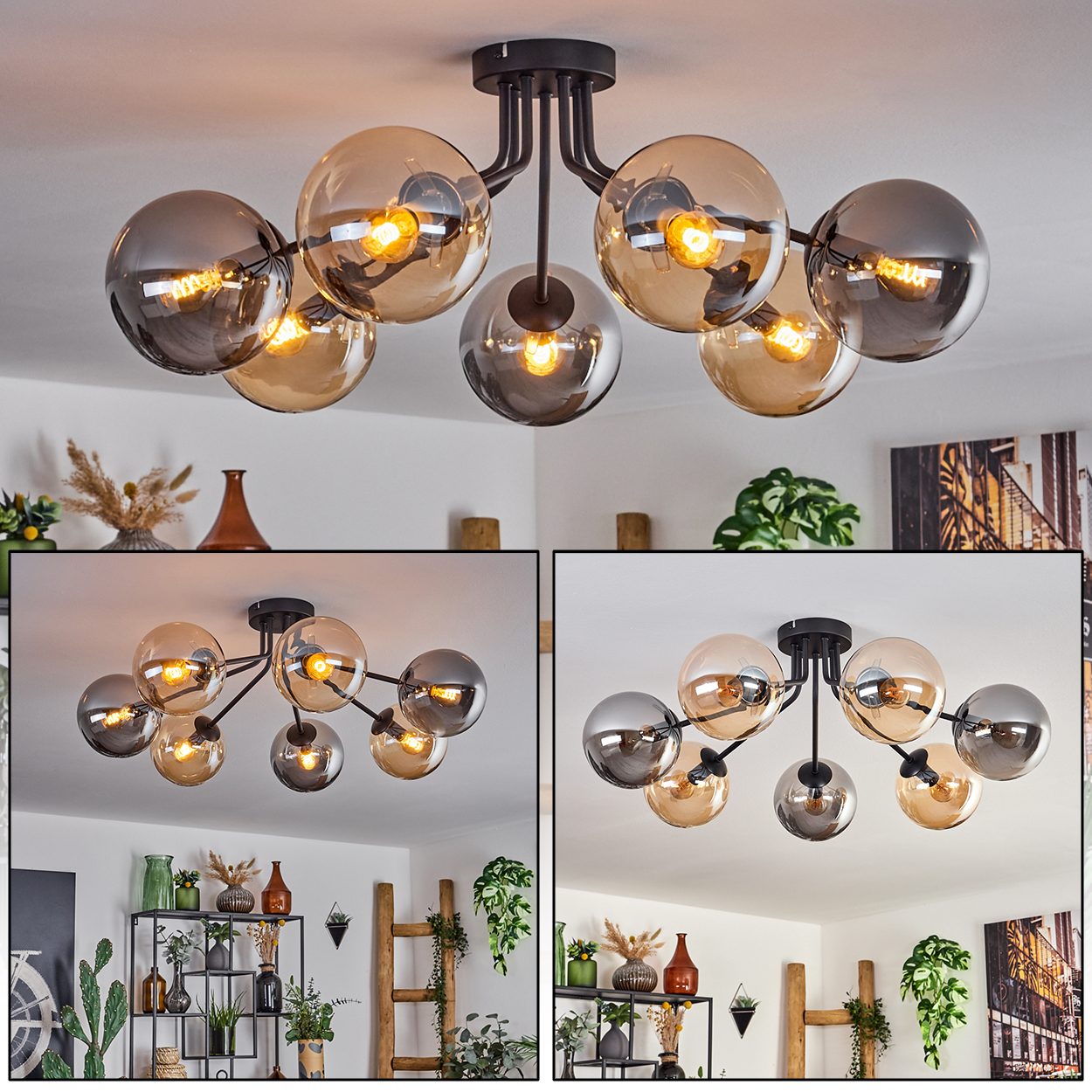 Schwarze Deckenlampe mit Glaskugeln, einige bernsteinfarben, mit leuchtenden Glühbirnen. Szene beinhaltet Heimdekor.