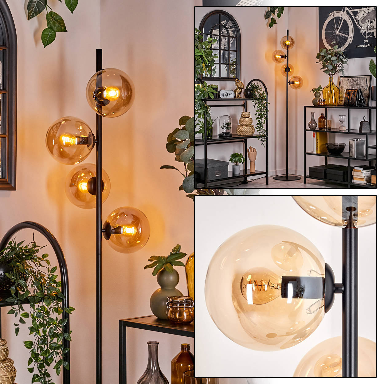Eine Stehlampe mit drei Glaskugelleuchten, mit schwarzem Stiel und Fuß.