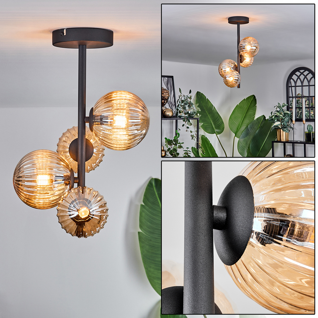 Deckenlampe mit bernsteinfarbenen Glaskugeln. Schwarzer Rahmen. Hintergrund mit Pflanzen, Spiegel und schwarzem Regal.