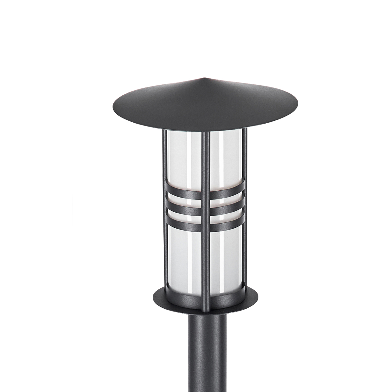 Eine schwarze Außenlampe mit zylindrischem weißem Licht und flachem Dach.
