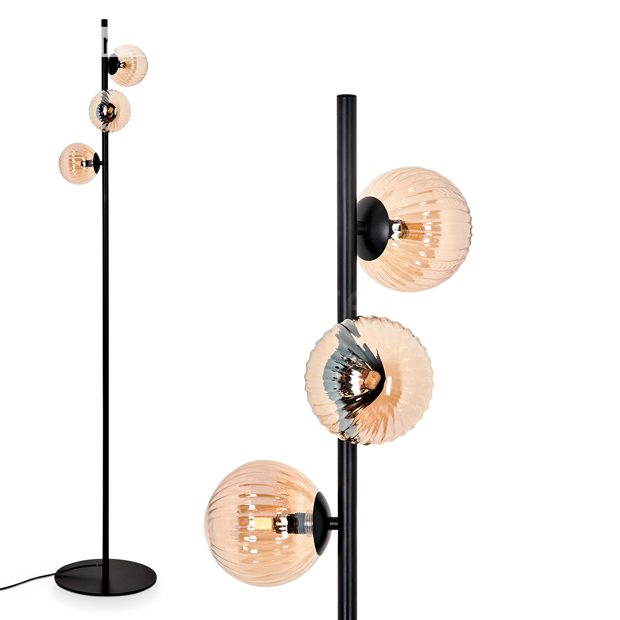 Eine Stehlampe mit schwarzem Mast und bernsteinfarbenen Glaskugeln mit Rippendesign.