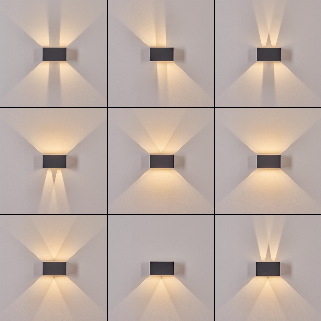 Neun Wandleuchten mit verschiedenen Lichtmustern vor weißem Hintergrund.
