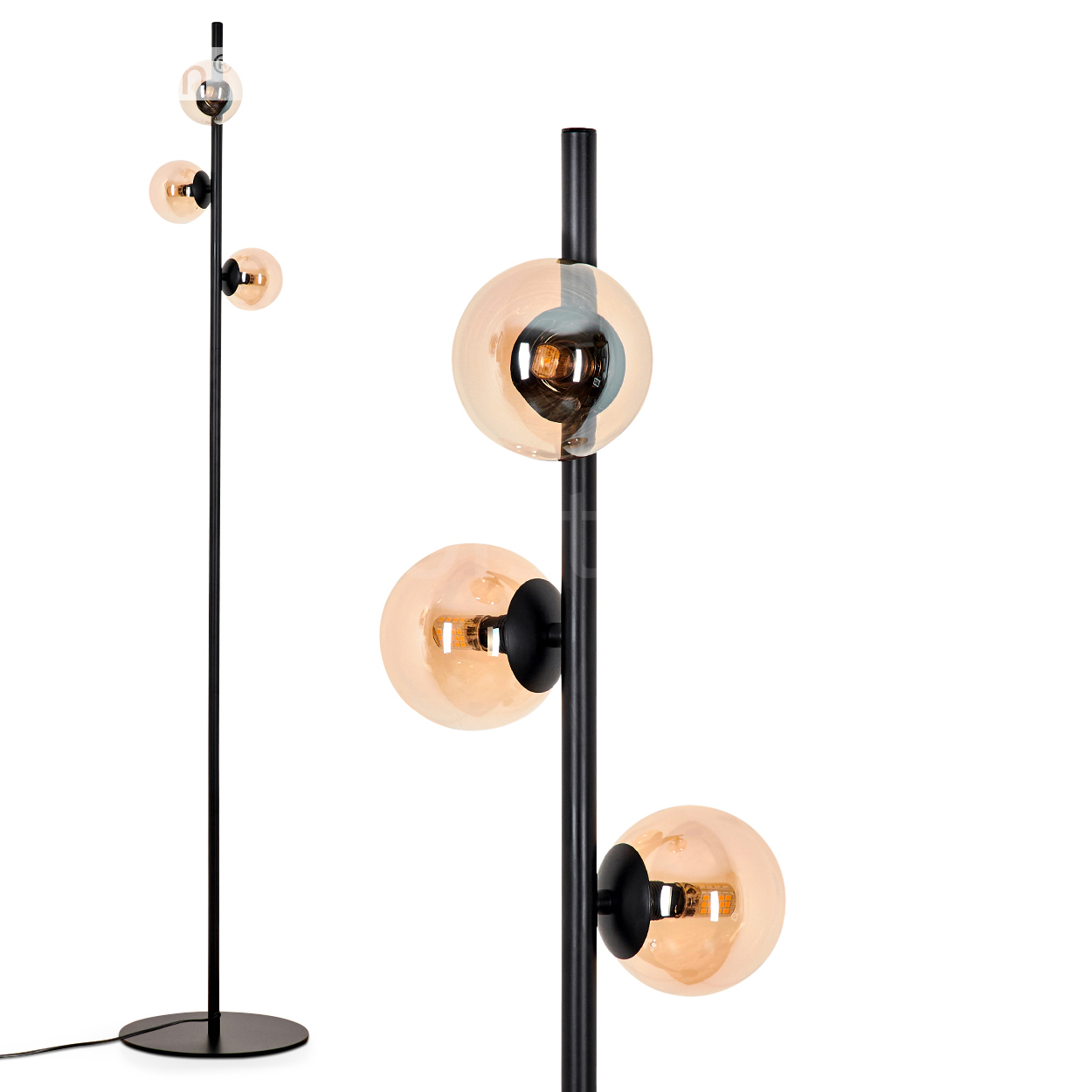Schwarze Stehlampe mit bernsteinfarbenen Kugeln. Drei Kugeln auf jeder Seite. Weißer Hintergrund, modernes Design.