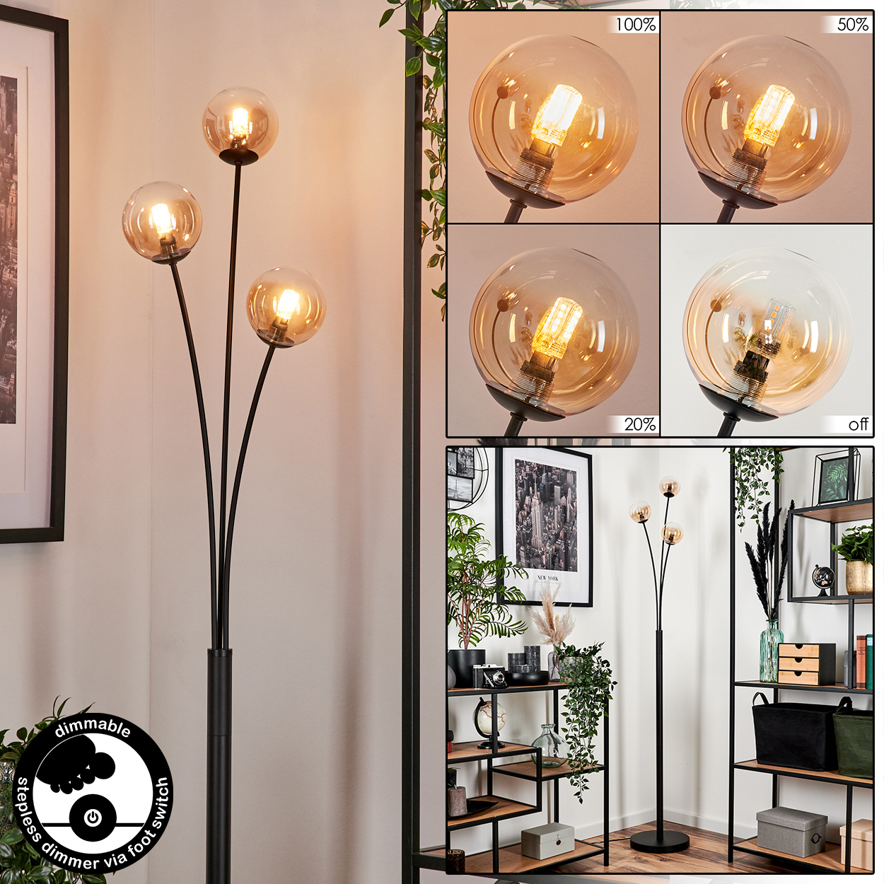 Schwarze Stehlampe mit vier kugelförmigen, bernsteinfarbenen Glasschirmen. Die Lampe ist dimmbar.