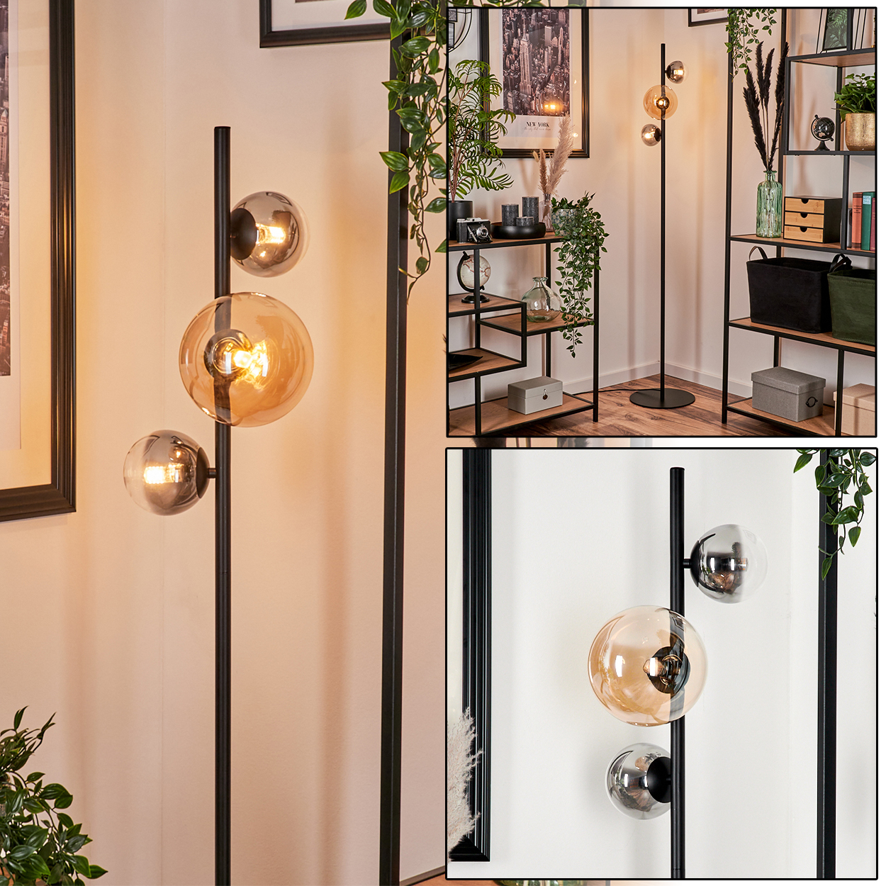 Schwarze Stehlampe mit drei kugelförmigen, bernsteinfarbenen Glasschirmen. Die Lampe steht an einer Wand.
