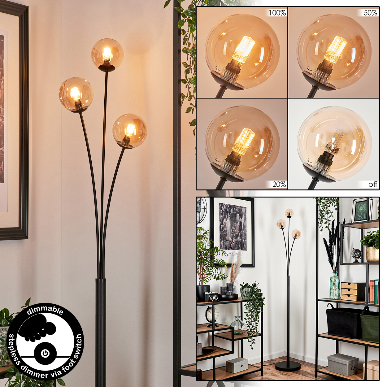Schwarze Stehlampe mit vier bernsteinfarbenen Glasschirmen. Die Lampe ist dimmbar.