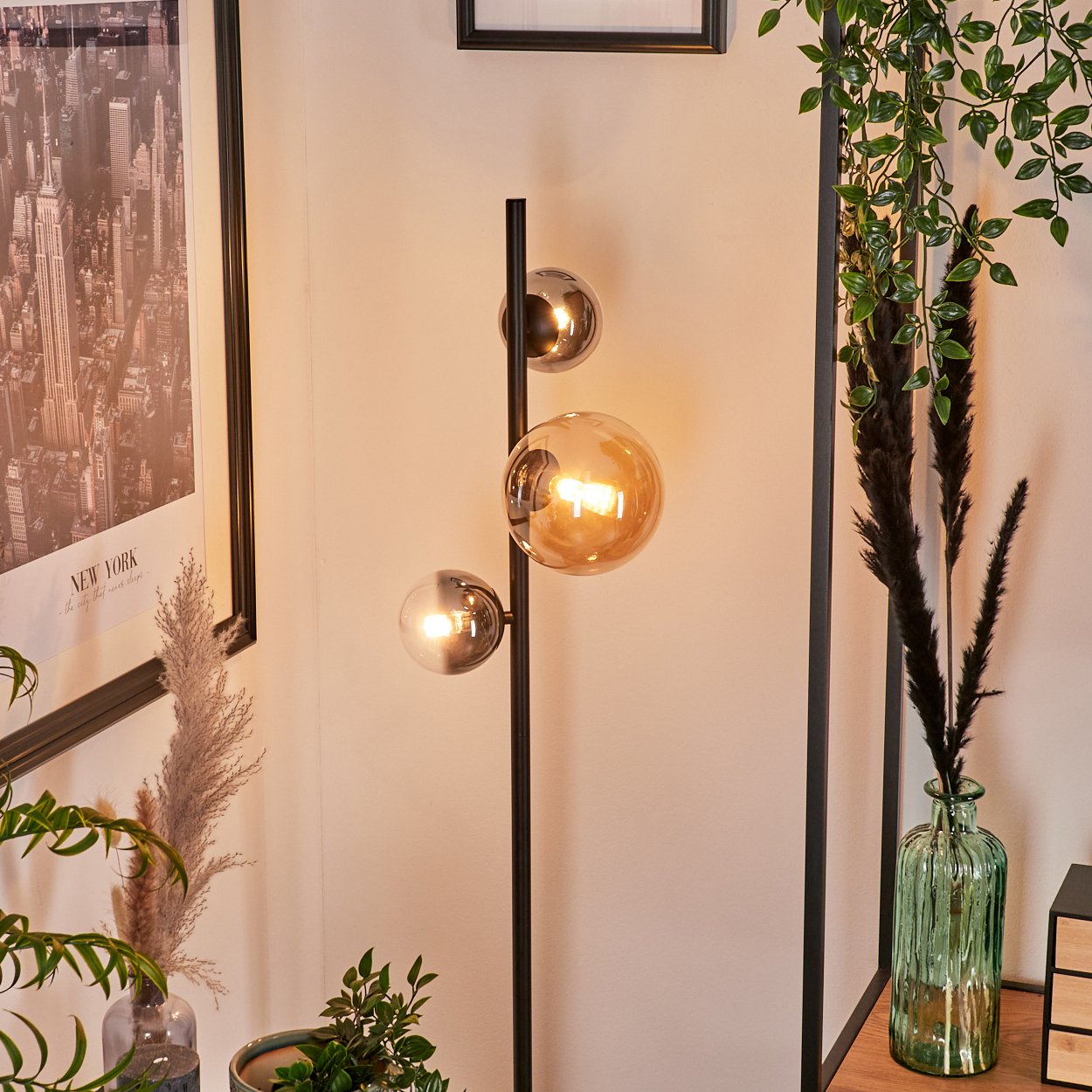Ein Raum mit einer Stehlampe, Regalen, Pflanzen und einem New York-Bilderrahmen.