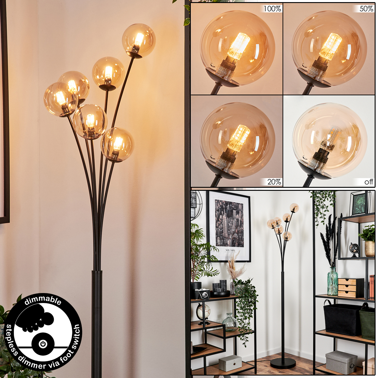 Eine Stehlampe mit sechs bernsteinfarbenen Glaskugelleuchten, einem Dimmer und einem Fußschalter, mit verschiedenen Helligkeitsstufen.