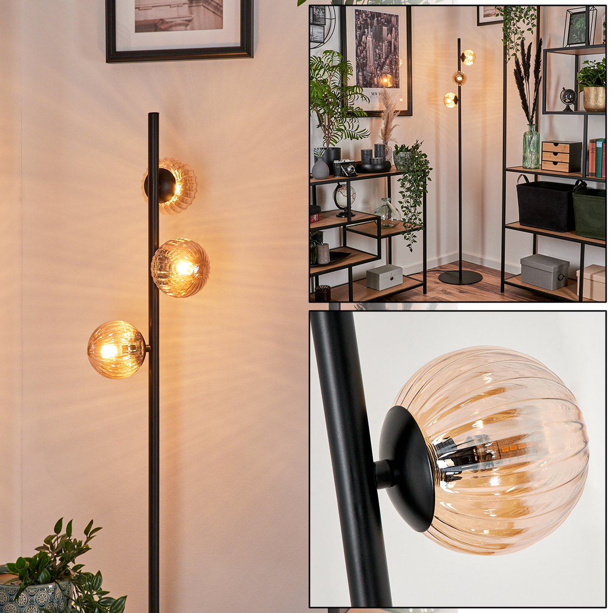 Stehlampe mit drei bernsteinfarbenen Kugeln, mit Innenszene im Hintergrund.