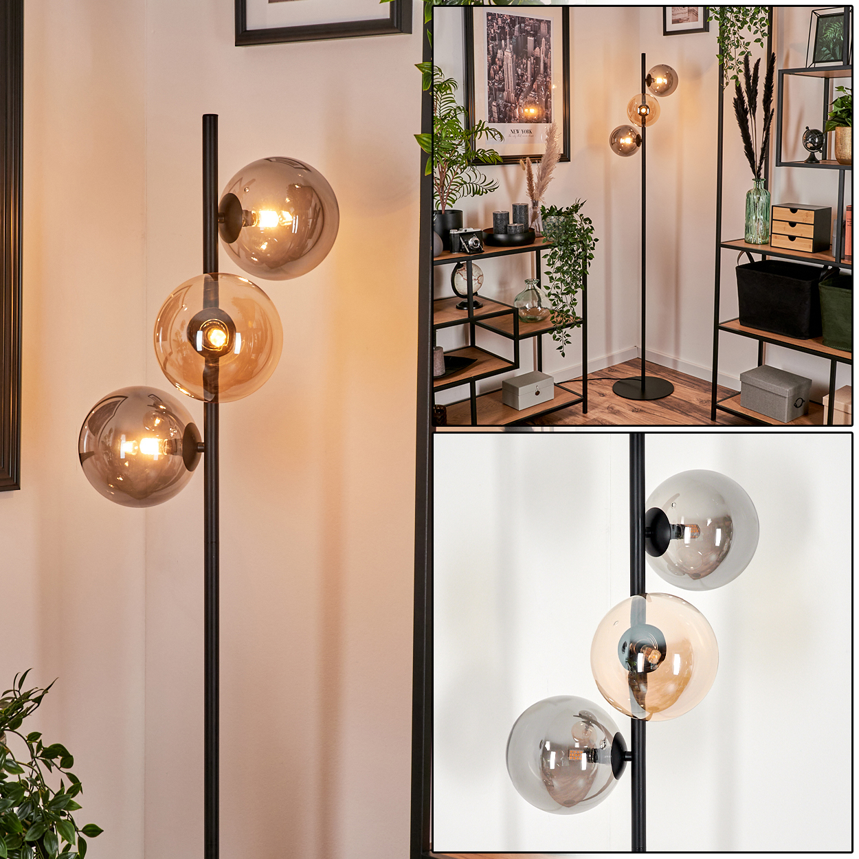 Stehlampe mit drei Kugelleuchten, zwei mit klarem Glas und eine mit bernsteinfarbenem Glas, in einem Raum.