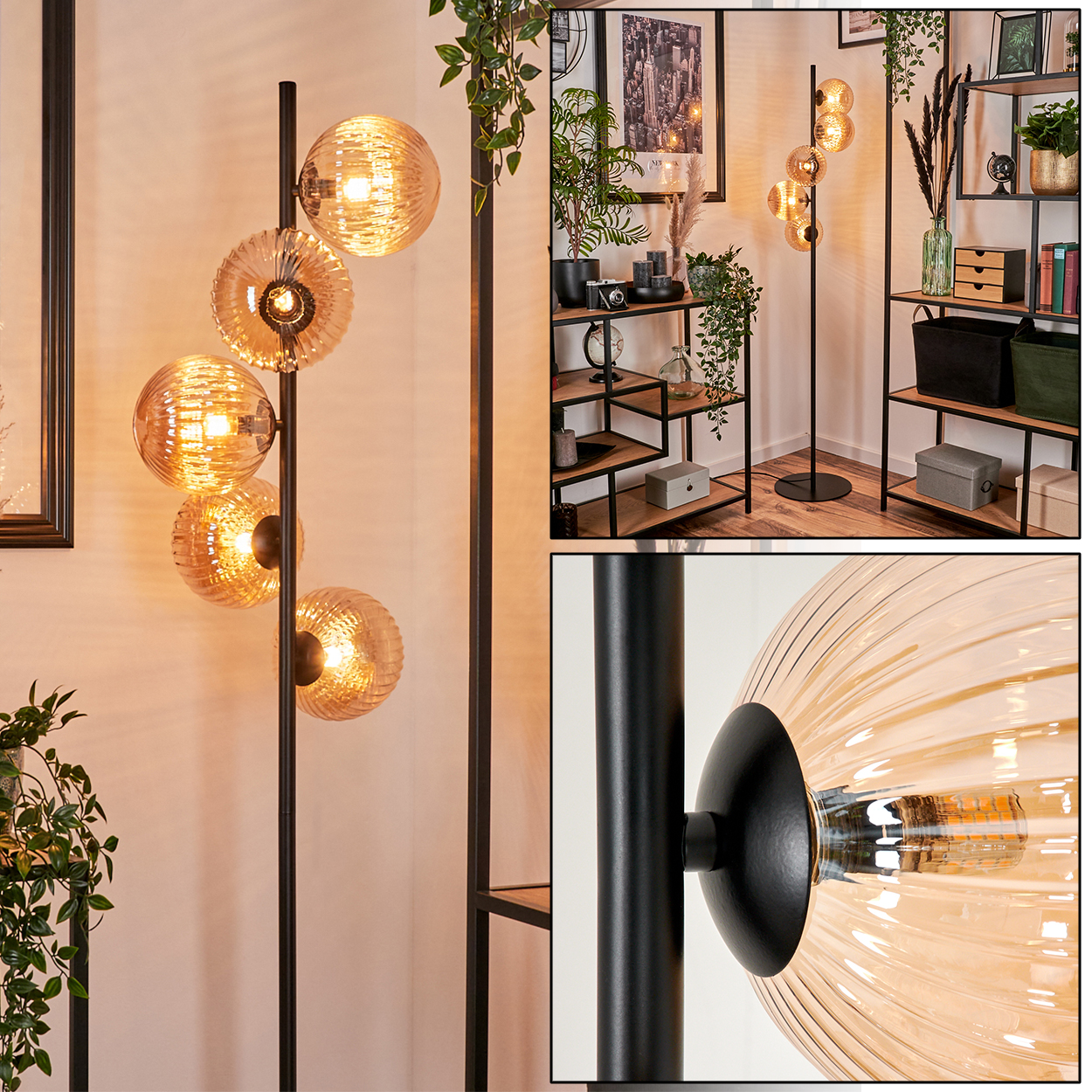 Stehlampe mit sechs Kugelleuchten aus bernsteinfarbenem Glas in einem Raum mit Regal.