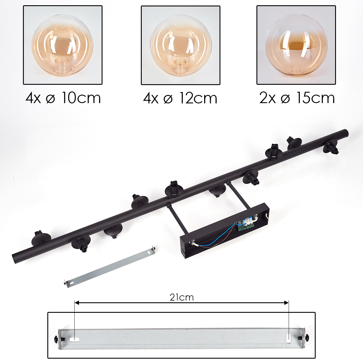 Komponenten einer Lampe. Enthält Glasschirme, Befestigungsmaterial, Abmessungen und elektrische Komponenten.
