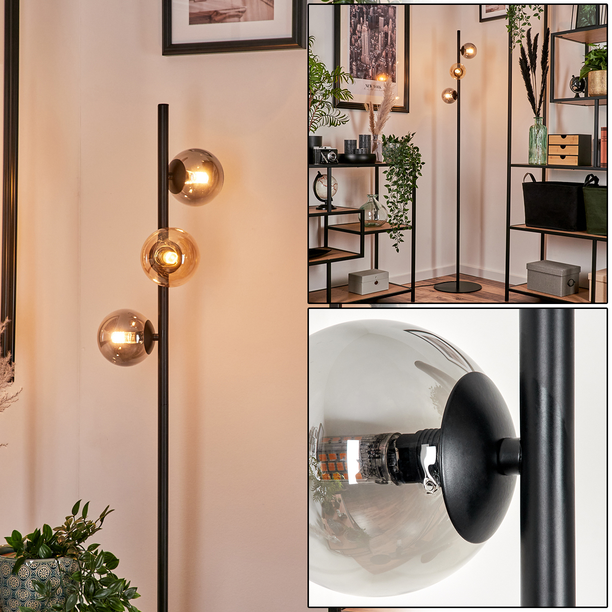 Stehlampe mit schwarzem Rahmen und mehreren kugelförmigen Glasschirmen, mit Glühbirnen.