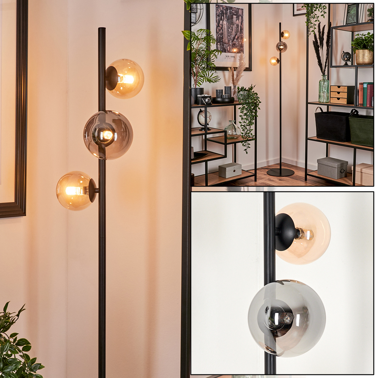Eine Stehlampe mit drei Glaskugeln, zwei bernsteinfarbenen und einer grauen, steht in einem gut beleuchteten Raum.