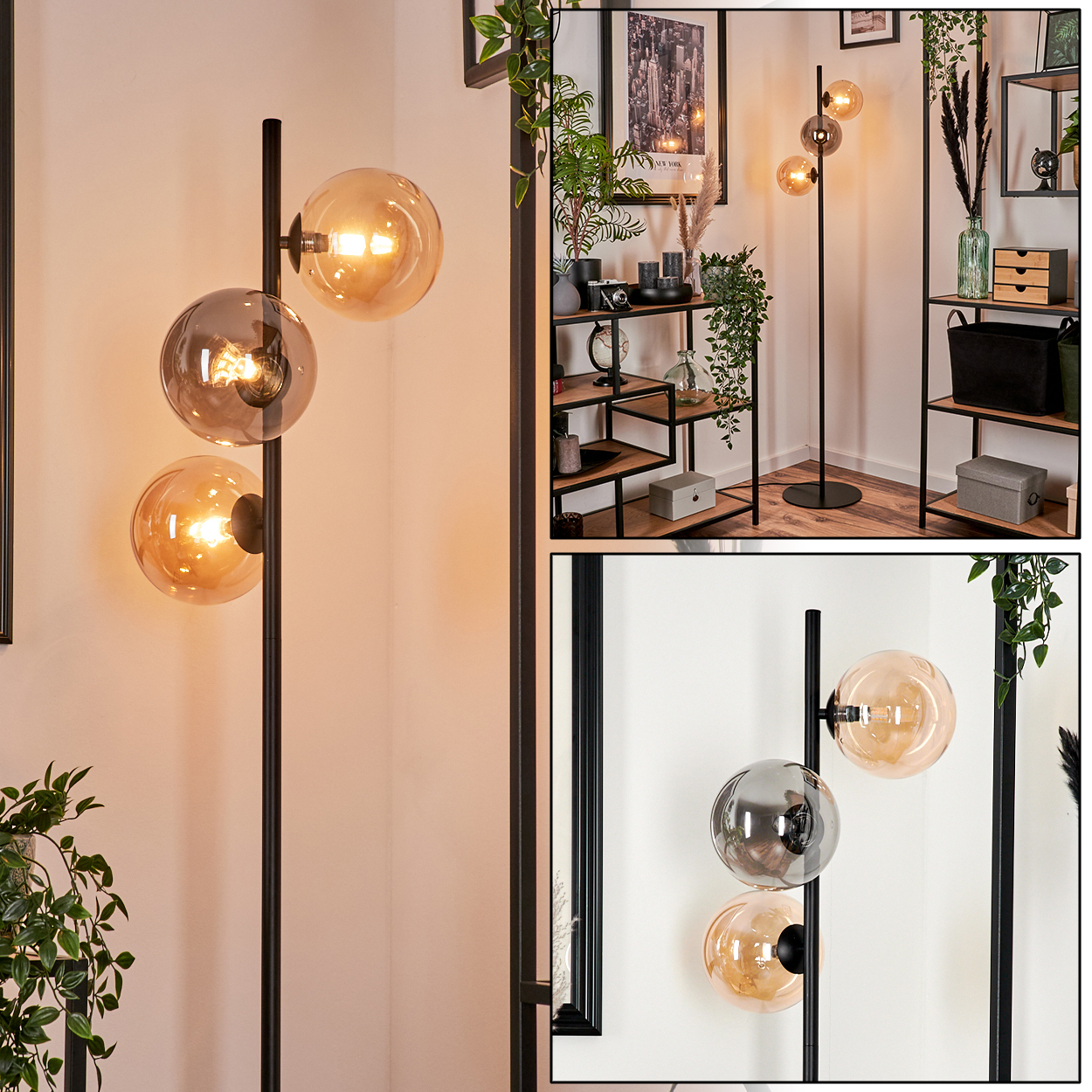 Eine Stehlampe mit drei Glaskugeln, zwei bernsteinfarbenen und einer grauen, in einer Raumeinstellung.