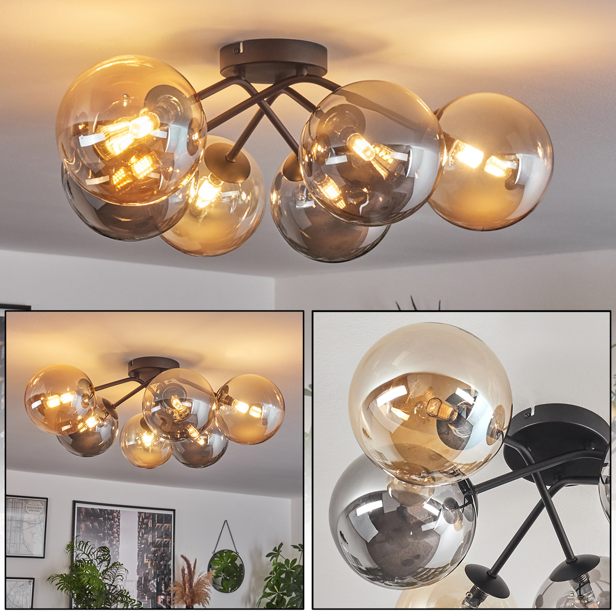 Deckenleuchten mit bernsteinfarbenen Glasschirmen, schwarzen Halterungen und einer weißen Decke, mit zusätzlichen Bildern.