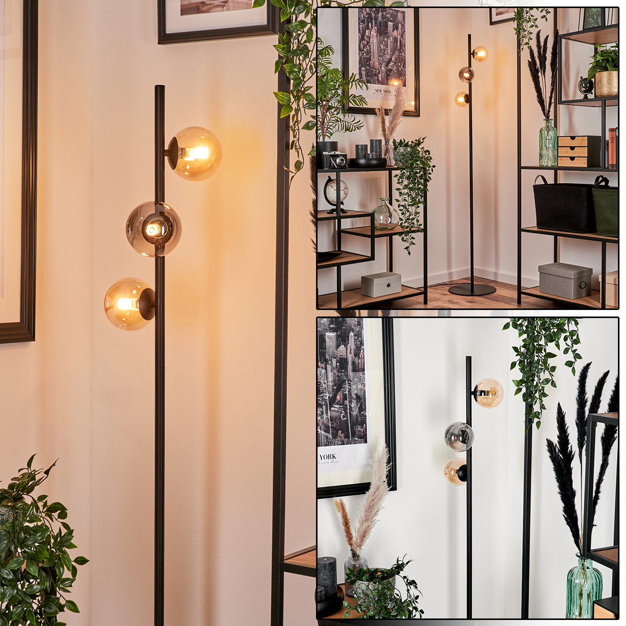 Drei Fotos einer Stehlampe mit bernsteinfarbenen Glaskugeln. Die Lampe steht vor einer Wand mit Dekoration.