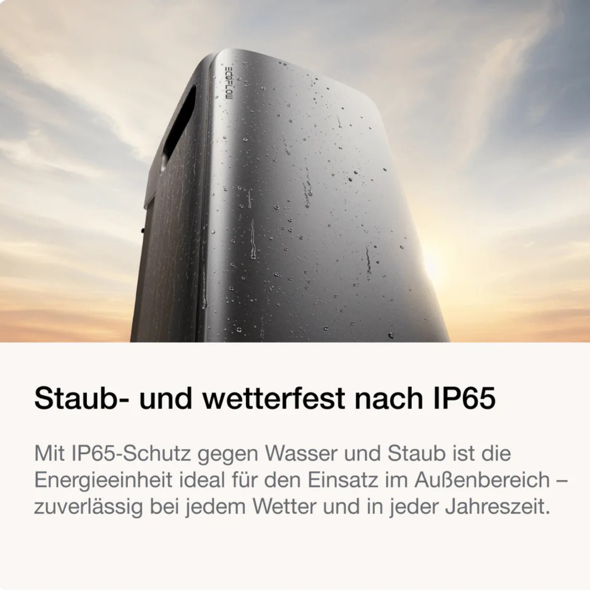Ein silbernes Gerät mit schwarzem Deckel, mit dem Text „Staub- und wetterfest nach IP65“.