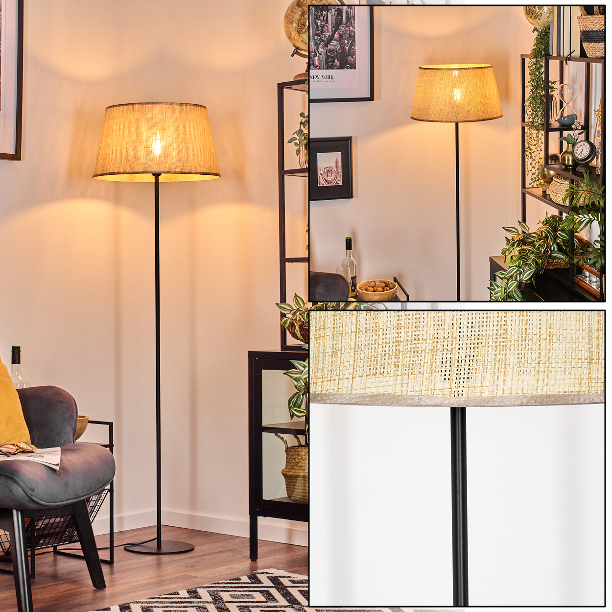Wohnzimmer mit Stehlampe, Stuhl, Regal und Dekorationsartikeln. Die Lampe hat einen beigen Schirm.