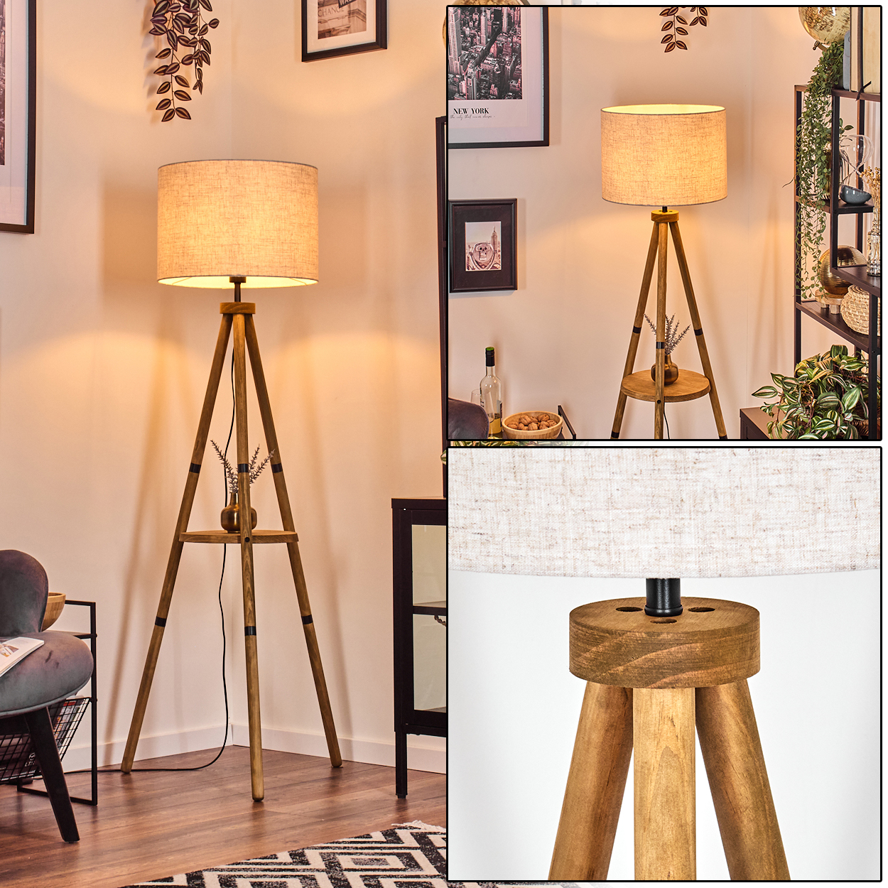 Wohnzimmer mit zwei Stehlampen, einem Stuhl, Dekorationen. Eine Lampe ist aus Holz, die andere hat einen beigen Schirm.
